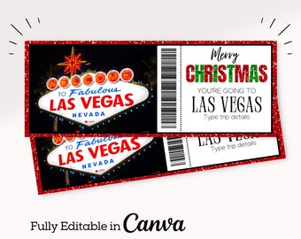 May include: A printable Christmas gift certificate for a trip to Las Vegas. The certificate is red with glitter and features a picture of the iconic "Welcome to Fabulous Las Vegas" sign. The text reads "Merry Christmas, You're going to Las Vegas".