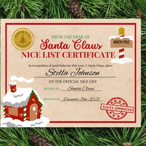 Certificado oficial editável da lista agradável do Papai Noel | Carta da mesa na véspera de Natal | Modelo do Pólo Norte da menina do menino dos duendes |
