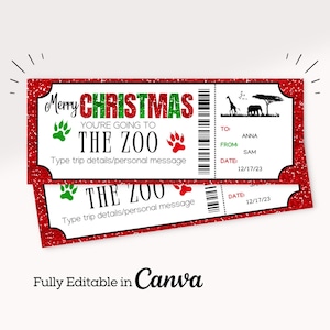 Bon cadeau surprise pour le zoo de Noël | Billet imprimable modifiable pour une visite surprise au zoo | Modèle de carte-cadeau Zoo | Cadeau de Noël imprimable