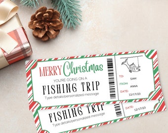 May include: Two red and green striped gift certificates with the text "Merry Christmas You're Going on a Fishing Trip" and "Fishing Trip". The certificates have a barcode, a date, and a place for a personalized message.