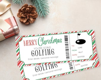May include: Two printable Christmas gift tags with a red and green striped background. The tags say "Merry Christmas You're Going Golfing" and include space to enter details or a personal message. The tags also include a golf flag icon.