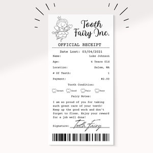 Certificat imprimable modifiable de reçu de fée des dents mignonne | Première dent perdue | Lettre réaliste de fée des dents | Lettre de fée des dents arc-en-ciel |