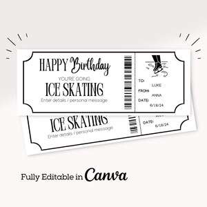May include: Two white tickets with black text and a black border. The top ticket reads "HAPPY Birthday, YOU'RE GOING ICE SKATING" with space for details. The bottom ticket repeats "ICE SKATING". The tickets are for Luke from Anna, dated 18/06/24. The text "Fully Editable in Canva" is at the bottom.