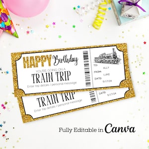Treinreiskaartje cadeau | Gouden treinvoucher | Bewerkbaar verjaardagsticket | Treinreis-cadeaubon | Verrassingsinstapkaart voor de trein |