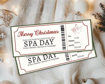 May include: Two spa day gift certificates with a festive Christmas theme. The coupons have a red and green border, with the words "Merry Christmas" at the top. The text includes "SPA DAY" and space for a personal message.
