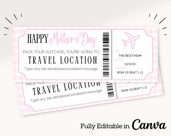 May include: Pink and white gingham printable Mother's Day gift certificate with a plane icon and the text "Happy Mother's Day". The certificate is a printable ticket with the text "Pack your suitcase, you're going to TRAVEL LOCATION". The text "To: The Best Mom", "Date: 12/3/23", "Seats: Row 10 Seat 1-2" is also included.