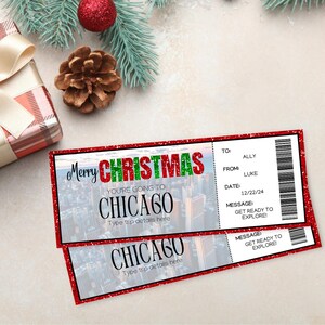 Biglietto regalo a sorpresa per viaggio di Natale a Chicago, IL / Stai andando a Chicago / Carta d'imbarco per volo stampabile / Modello modificabile per la presentazione del viaggio /