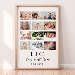 Plantilla de póster del primer año del bebé / Plantilla editable / Póster del 1er cumpleaños / Impresión del primer año / Meses de collage de fotos del primer año / Hitos