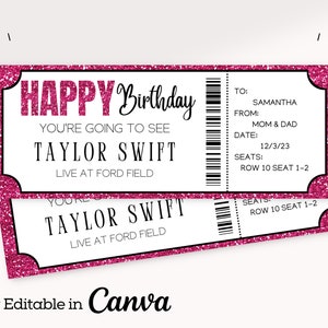 Rosa bearbeitbare Konzert Ticket Vorlage | Kundenspezifisches Konzertticket Geschenk | Überraschung Konzert Tickets Geschenk Idee | Canva Template | DIY Event Ticket