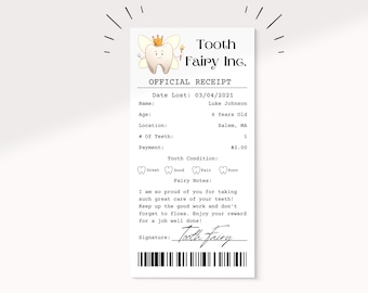 Carta editable del hada de los dientes de los dientes dulces / Nota del hada de los dientes / Recibo del hada de los dientes / Hada de los dientes imprimible / Certificado del primer diente /