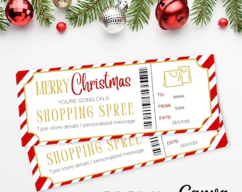 May include: A printable Christmas shopping spree gift certificate with red and white candy cane stripes. The text reads "Merry Christmas You're going on a Shopping Spree. Type store details/personalized message.  To: Anna From: Sam Date: 12/17/23".  Fully Editable in Canva.