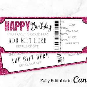 Vale de regalo de cumpleaños de brillo rosa / Regalo de cumpleaños sorpresa / Plantilla de certificado de boleto / Boleto de regalo de cumpleaños / Descarga instantánea /