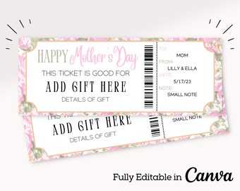 Op de afbeelding: Afdrukbaar Moederdag-cadeaubon met een bloemenontwerp. De tekst luidt "Happy Mother's Day. Dit ticket is geldig voor het toevoegen van een cadeau hier. Details van het cadeau." De bon heeft velden voor "Aan", "Van", "Datum" en "Notitie".