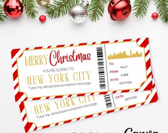 May include: A printable Christmas gift certificate for a trip to New York City. The certificate is designed to look like a vintage airline ticket with red and white stripes and gold accents. The text on the certificate reads "Merry Christmas, You're going to New York City".