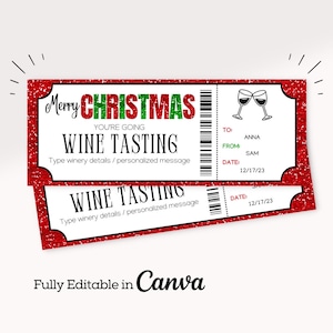de Noël pour une dégustation de vins | Chèque-cadeau surprise pour une visite d'un vignoble | Coupon imprimable pour une dégustation de vin | Modèle de carte-cadeau de Noël | Cadeau de Noël