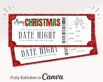 May include: Two red glitter Christmas date night tickets with the text "Merry Christmas" and "Date Night" on them. The tickets have a black and white illustration of two champagne glasses clinking. The text "To: Luke, From: Ally, Date: 11/17/23" is on the top ticket. The text "Date: 11/17/23" is on the bottom ticket. The text "Fully Editable in Canva" is at the bottom of the image.