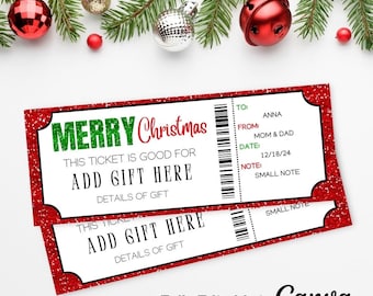 May include: Two red and white Christmas gift ticket templates with green glitter text that reads "Merry Christmas". The tickets have a space to add a gift, details of the gift, to, from, date, and a small note.