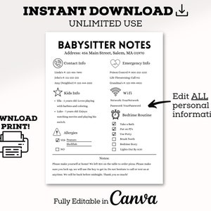 Lista di controllo semplice per babysitter / Guida per babysitter / Lista di controllo per tata / Note sulla gestione familiare per l&#39;infanzia / Lista di controllo per babysitter con informazioni di emergenza /