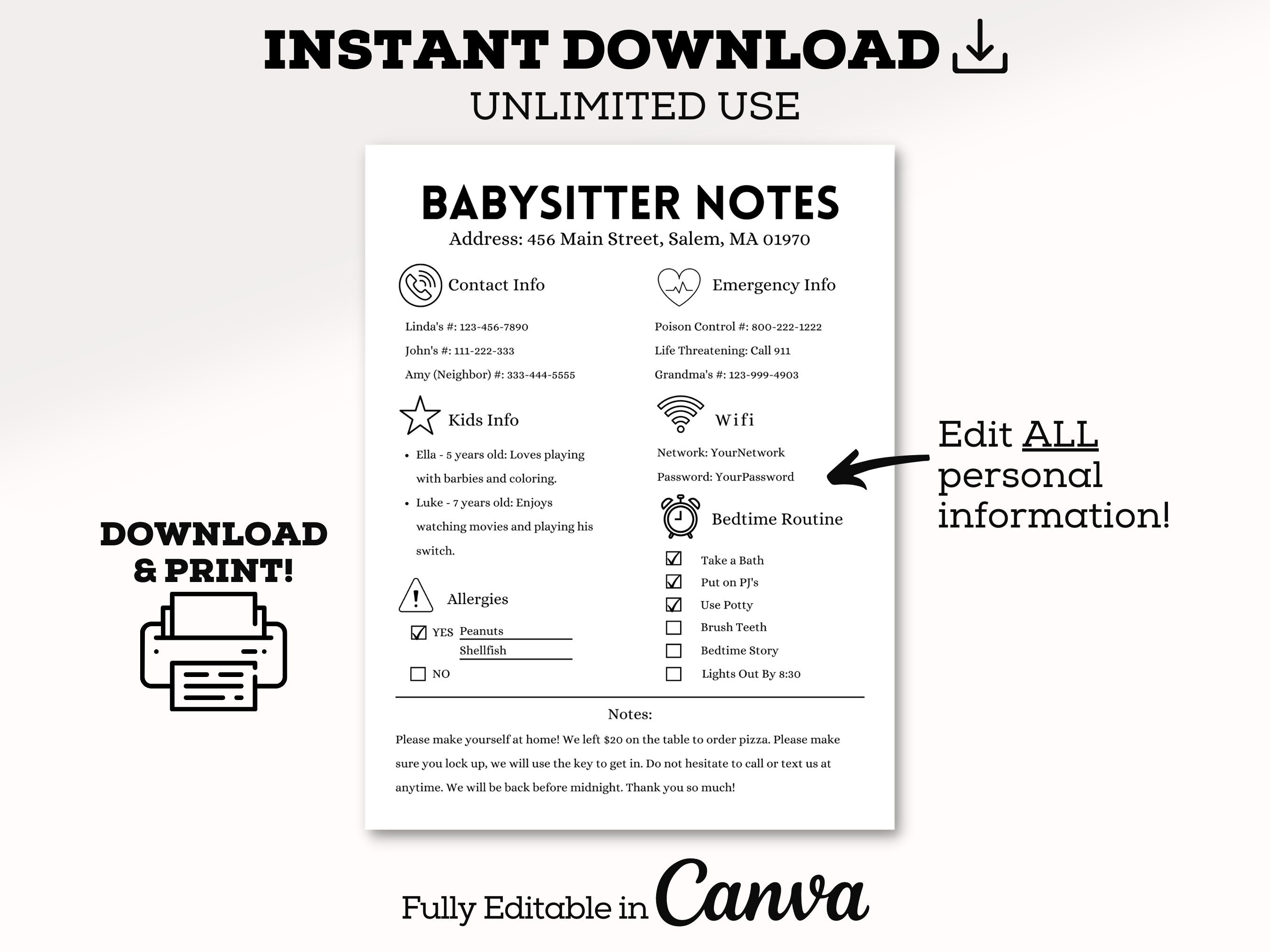 Simple Babysitter Checklist | Babysitter Guide | Nanny Checklist | Family Management Childcare Notes | Emergency Info Babysitter Checklist |