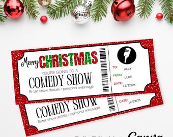 Weihnachts Comedy Show Ticket Vorlage | Individueller Comedy Club Gutschein | Stand Up Comedy Event Vorlage | Komiker Geschenk offenbaren Idee |