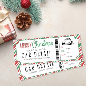 May include: A printable Christmas gift certificate for a car detail. The certificate is red, green, and white with a candy cane stripe pattern. It says "Merry Christmas, You're getting a car detail. Enter details/personal message."  The certificate also has a space for the recipient's name, the giver's name, and the date.