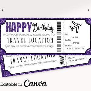 Plantilla de boleto de tarjeta de embarque editable de cumpleaños púrpura / Regalo sorpresa de aerolínea / Revelación de viaje sorpresa / Boleto de avión imprimible /