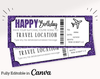 Purple Birthday Editable Boarding Pass Ticket Template | Surprise Airline Gift | Surprise Trip Reveal | Printable Airline Ticket |