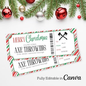 May include: Two printable Christmas gift certificate tickets with a red and green candy cane stripe design. The tickets say "Merry Christmas You're Going Axe Throwing" with a space to enter details and a personal message. The tickets also have a barcode and a space to enter the recipient's name, the giver's name, and the date.