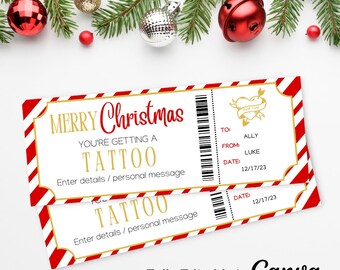 Julkort för guldtatuering | Redigerbart presentkort för tatuering | Utskrivbar tatueringsmall | Presentkort med bläck | Julbiljett för tatuering |