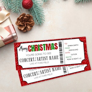 Red Glitter Weihnachtsgeschenk Konzertkarte Vorlage | Geschenkgutschein Zertifikat Ticket Coupon zum Ausdrucken | Überraschungs-WeihnachtsKonzert oder Show |