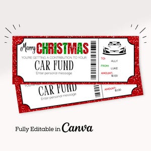 Cadeaubon kerstautofonds | Cadeau nieuwe auto | Cadeaubon voor kerstwagens | Ticket autofonds | Autobesparingscadeaubon | Afdrukbaar ticket |