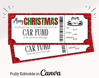 Cadeaubon kerstautofonds | Cadeau nieuwe auto | Cadeaubon voor kerstwagens | Ticket autofonds | Autobesparingscadeaubon | Afdrukbaar ticket |