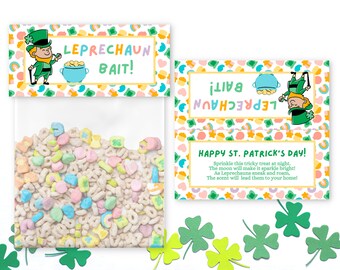 May include: A clear plastic bag filled with colorful cereal pieces, labeled "LEPRECHAUN BAIT!" with a cartoon leprechaun and pot of gold. A matching card reads "HAPPY ST. PATRICK'S DAY!" with a poem and shamrock cutouts.