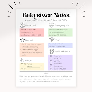 Rainbow Babysitter Information Sheet Printable | Babysitter Notes | Nanny Notes | Mommy Printable | Child Information Sheet |
