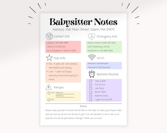 Rainbow Babysitter Information Sheet Printable | Babysitter Notes | Nanny Notes | Mommy Printable | Child Information Sheet |