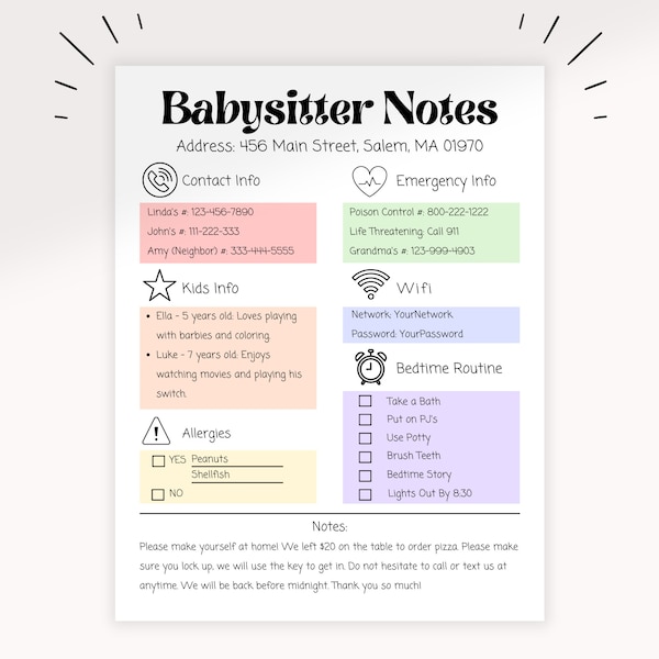 Rainbow Babysitter Information Sheet Printable | Babysitter Notes | Nanny Notes | Mommy Printable | Child Information Sheet |