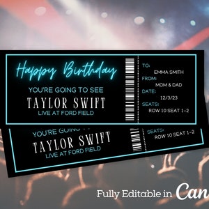 Neon Blau Konzert Ticket Vorlage | Bearbeitbares Überraschungs-Geburtstags-Geschenk | Konzertkarte Geschenk | Event Canva Template | Druckbare Konzertkarte