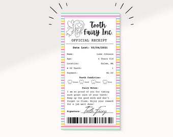Carta de hada de los dientes editable de rayas coloridas / Nota del hada de los dientes / Recibo del hada de los dientes / Hada de los dientes imprimible / Certificado del primer diente /