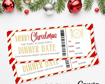 May include: A printable Christmas dinner date ticket with red and white stripes, gold accents, and the text "Merry Christmas This ticket is good for a Dinner Date Enter restaurant details/personal message".