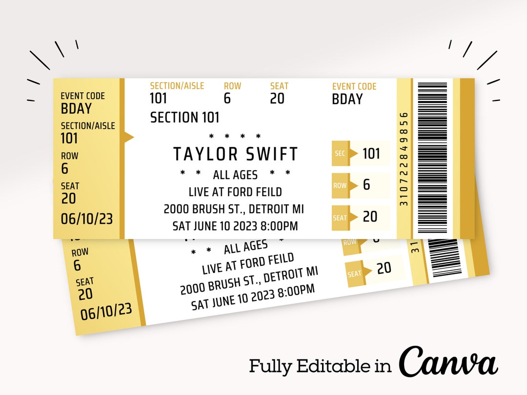 Gold Custom Concert Ticket Concert Ticket Template Personalized Event