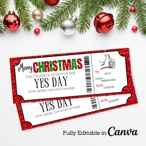 Christmas Yes Day Ticket | Kids Best Day Coupon Souvenir | Yes Day Gift Certificate Template | Christmas Experience Gift Printable |