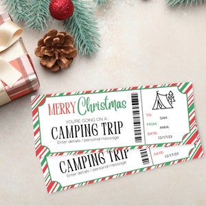 Bon cadeau surprise de voyage de camping de Noël | Modèle imprimable de voyage en camping-car | Carte-cadeau Voyage de camping | Chèque-cadeau modifiable pour le camping |