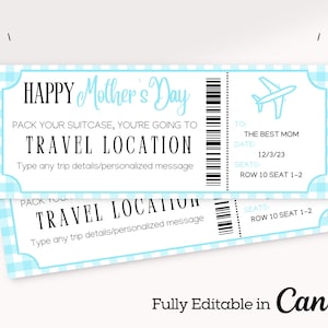 Mother&#39;s Day Surprise Trip Ticket | Airplane Ticket | Boarding Pass Printable | Mother&#39;s Day Gift | Surprise Vacation | Editable Ticket |