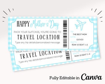 May include: A printable Mother's Day gift certificate in the form of a blue and white gingham airline ticket. The ticket says "Happy Mother's Day" and "Pack your suitcase, you're going to [Travel Location]" with space to add personalized details. The ticket also includes a small airplane icon.