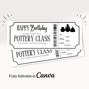 Puede incluir: Un certificado de regalo imprimible en blanco y negro para una clase de cerámica. El certificado tiene el texto "HAPPY Birthday YOU'RE GOING TO A POTTERY CLASS Enter details / personal message" y "POTTERY CLASS Enter details / personal message". El certificado también tiene un código de barras y un espacio para escribir "TO:", "FROM:" y "DATE:".