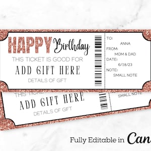 Editable Rose Gold Event Ticket | Editable Print At Home Birthday Voucher | Digital Gift Voucher | Surprise Birthday Gift Ticket |