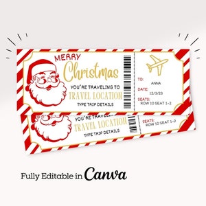 Modelo de cartão de embarque de Natal | Presente de Natal para ela | Passagem aérea editável | Voucher de viagem surpresa | Passagem aérea falsa de Natal |
