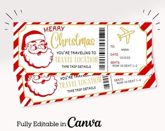 May include: A printable Christmas gift tag designed to look like an airline ticket. The tag features a red and white striped background with a gold border. The text on the tag reads "Merry Christmas" and "You're traveling to [TRAVEL LOCATION]" with a Santa Claus illustration. The tag also includes a section for the recipient's name, date, and seat number.