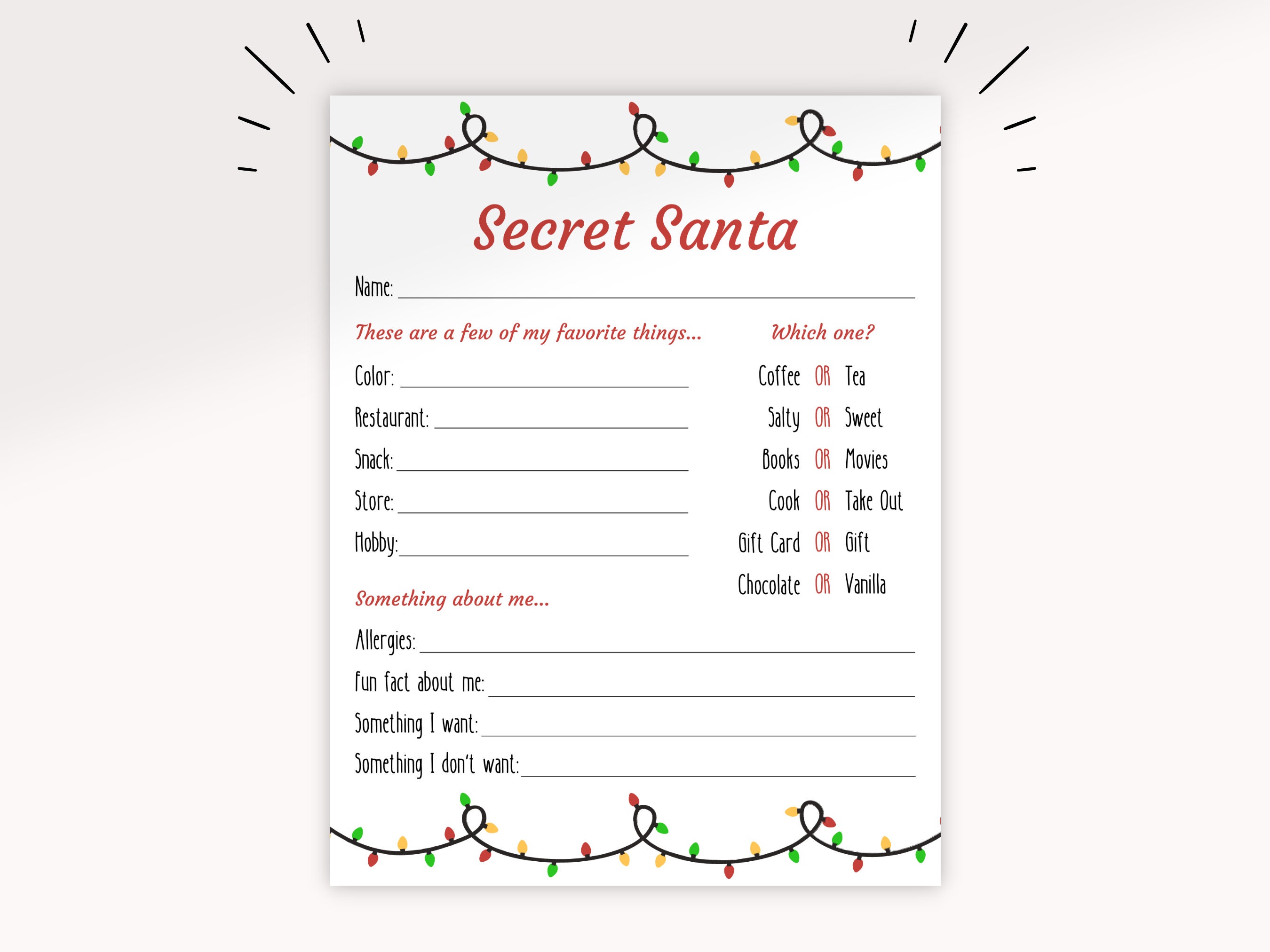 Intercambio de regalos de amigo secreto imprimible / Cuestionario de  regalos / Fiesta de trabajo / Lista de regalos / Ideas de regalos de  Navidad / Plantilla editable - Etsy México, image size:2700x2025