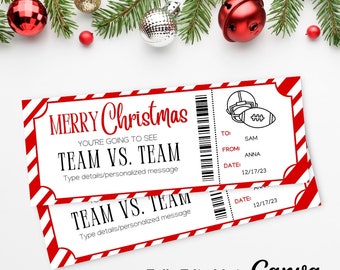 May include: A printable Christmas gift ticket with a red and white candy cane stripe design. The ticket says "Merry Christmas" and "You're going to see Team vs. Team". It has a space to type in details and a personalized message. The ticket also has a space to write "To", "From", and "Date".